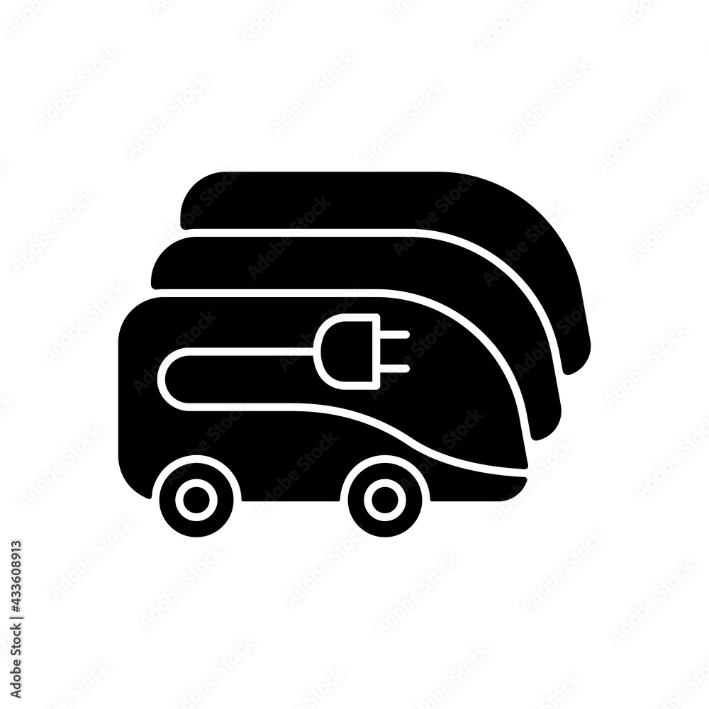 Charging in electric bus depot black glyph icon. Human transportation electronical vehicles. Ecological way of tourism. Natural fuel. Silhouette symbol on white space. Vector isolated illustration Charging in electric bus depot black glyph icon. Human transportation electronical vehicles. Ecological way of tourism. Natural fuel. Silhouette symbol on white space. Vector isolated illustration