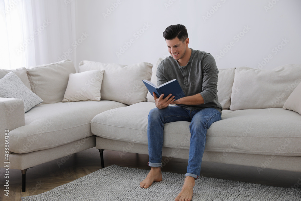 Man with book sitting on comfortable sofa in living room Man with book sitting on comfortable sofa in living room