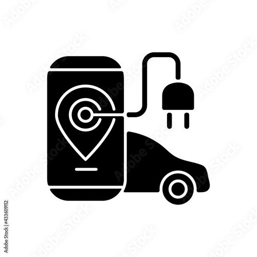 EV charging app black glyph icon. Digital application to find charging stations for electromobile. Using device to pay for natural fuel. Silhouette symbol on white space. Vector isolated illustration
