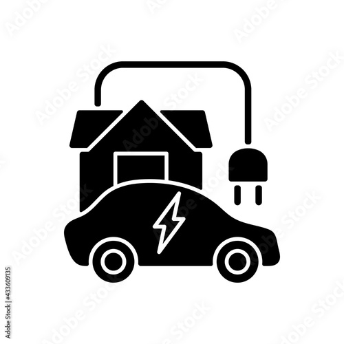 Home EV charging point black glyph icon. Fueling up electronic vehicle at home. Convinient place to charge electromobile. Natural fuel. Silhouette symbol on white space. Vector isolated illustration