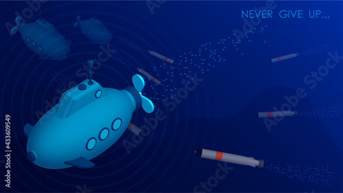 friendly submarines rescue an ally from torpedo attack. Navy forces, submarine fleet. Vector