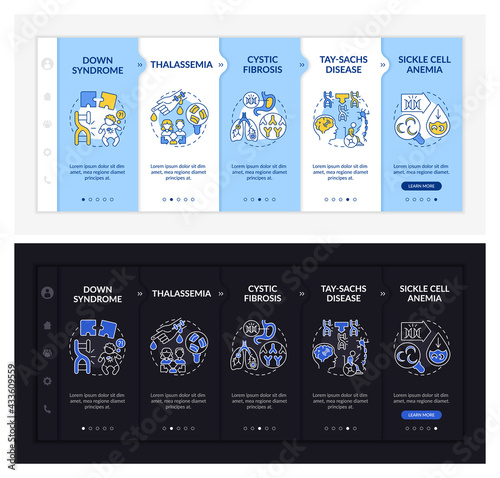 Most common genetic diseases onboarding vector template. Responsive mobile website with icons. Web page walkthrough 5 step screens. Healthcare dark, light mode concept with linear illustrations