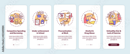 Major self-control problems onboarding mobile app page screen with concepts. Burnout walkthrough 5 steps graphic instructions. UI, UX, GUI vector template with linear color illustrations