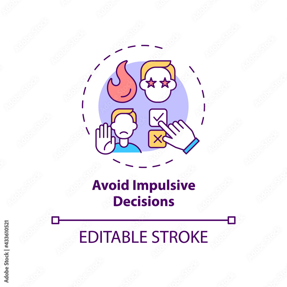 Avoid impulsive decisions concept icon. Personal growth and development. Self control improvement idea thin line illustration. Vector isolated outline RGB color drawing. Editable stroke Avoid impulsive decisions concept icon. Personal growth and development. Self control improvement idea thin line illustration. Vector isolated outline RGB color drawing. Editable stroke