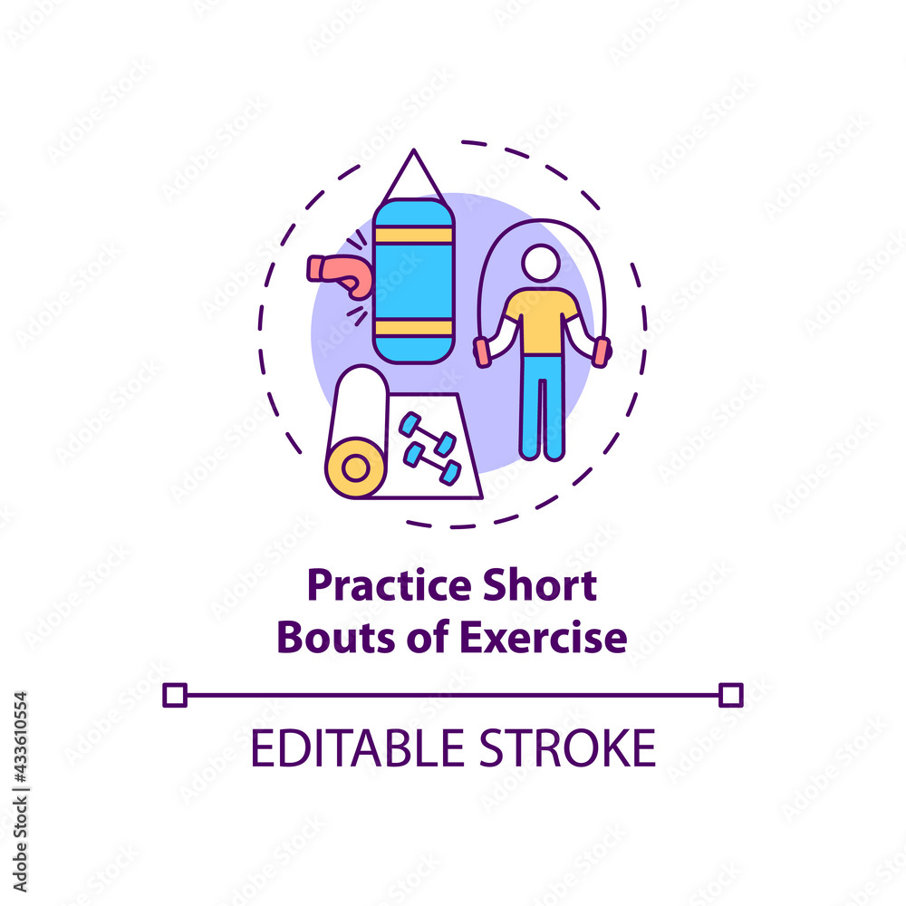 Practice short bouts of exercise concept icon. Physical health improvement strategy. Self control idea thin line illustration. Vector isolated outline RGB color drawing. Editable stroke