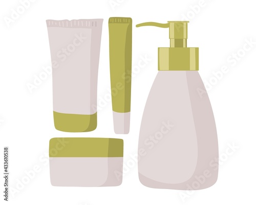Set of tubes, bottles, jars for cream on white background. Isolated cosmetic package design template, plastic container set. Skin and body care, toilets. Beauty products. Flat Vector Illustration