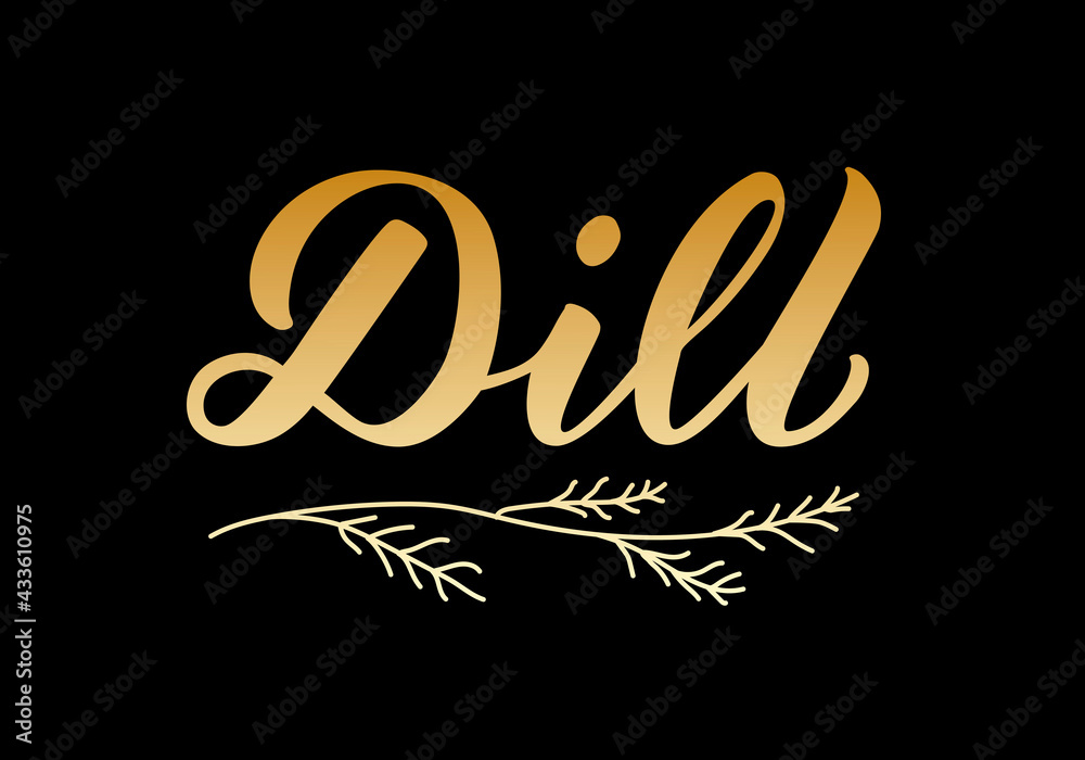 Vector illustration of dill lettering for packages, product design, banner, sticker, spice shop price list and  decoration. Handwritten word with scattered seeds for web or print
