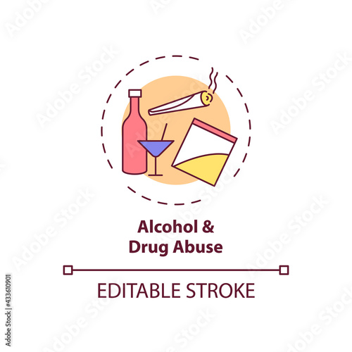 Alcohol and drug abuse concept icon. Unhealthy substance dependence. Smoking habit. Self control problem idea thin line illustration. Vector isolated outline RGB color drawing. Editable stroke