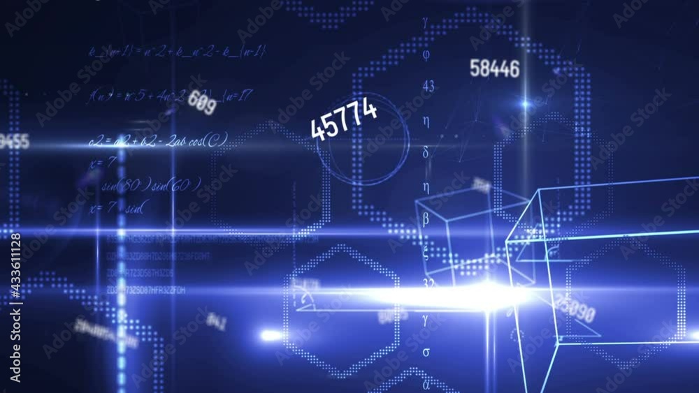 Animation of scientific data processing over mathematical equations and shapes on black background Animation of scientific data processing over mathematical equations and shapes on black background
