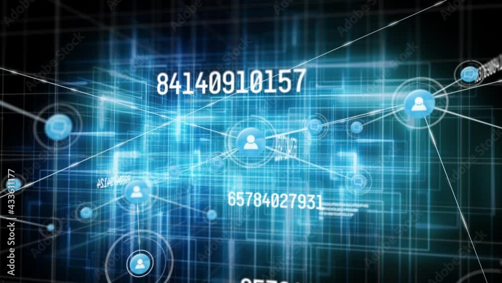 Animation of web of connections and icons over scientific data processing on black background Animation of web of connections and icons over scientific data processing on black background