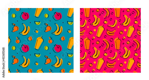 colourful food vector background illustration with oranges, kiwi and garnet. colourful fresh fruit and juice vector background. fresh tasty food vector pattern background with fruit.