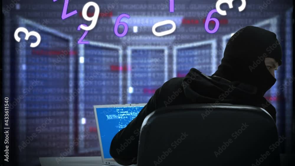 Animation of data processing over caucasian hacker using computer in server room Animation of data processing over caucasian hacker using computer in server room