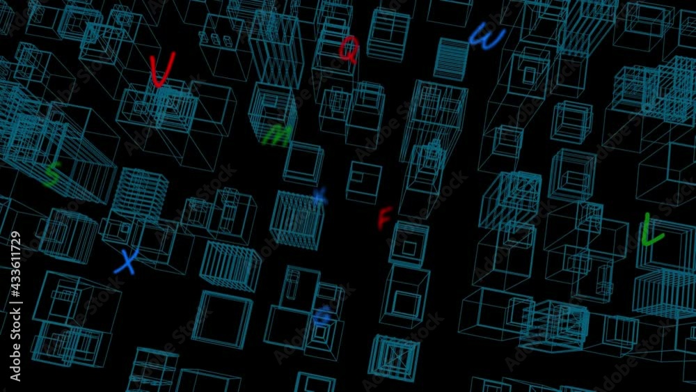 Animation of colorful letters over digital city on black background Animation of colorful letters over digital city on black background