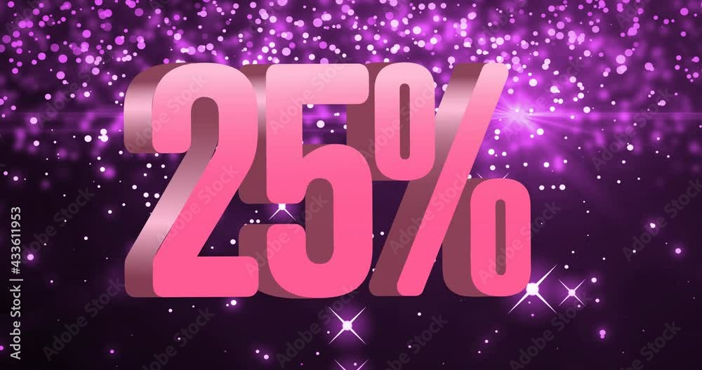 Animation of 25 percent text in pink over purple glowing spots on black background