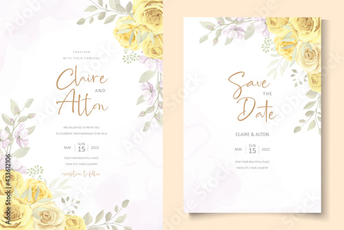 Wedding card template with hand drawn yellow floral ornaments theme