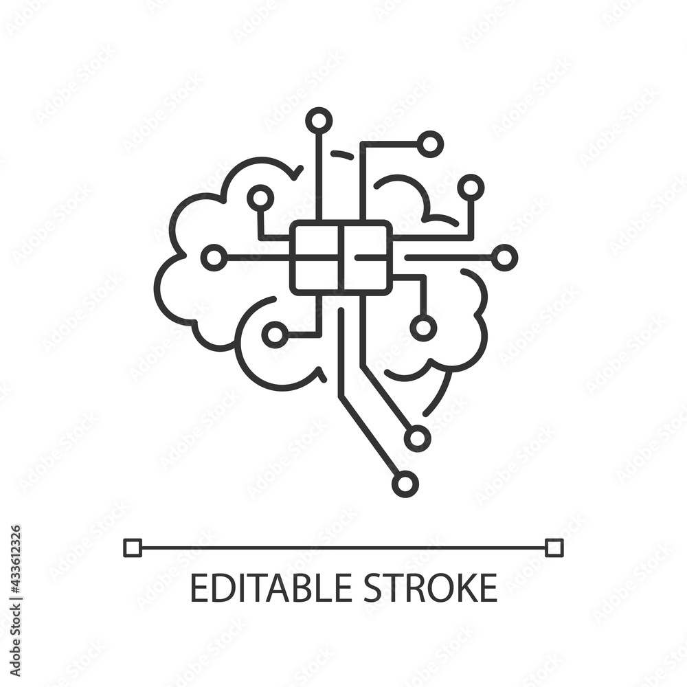 Brain microcircuit black glyph icon. Innovative technology. Artificial intelligence. Thin line customizable illustration. Contour symbol. Vector isolated outline drawing. Editable stroke
