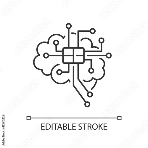 Brain microcircuit black glyph icon. Innovative technology. Artificial intelligence. Thin line customizable illustration. Contour symbol. Vector isolated outline drawing. Editable stroke