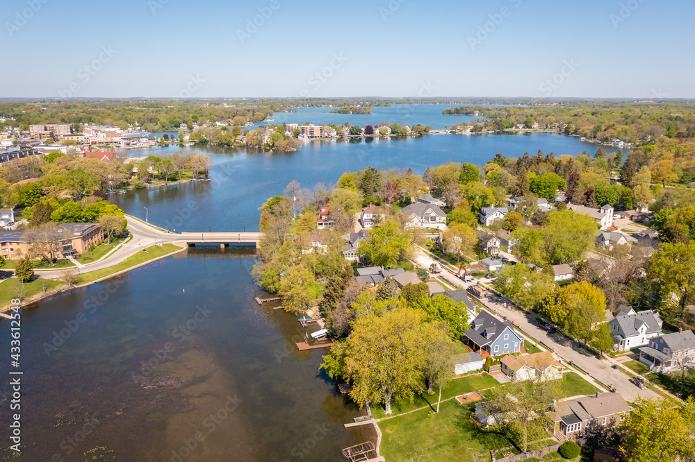 Aerial view of Oconomowoc Lake and surrounding residential and commercial buildings
