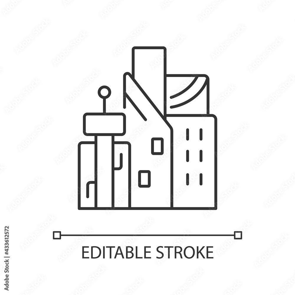 Cyberpunk city black glyph icon. Skyscrapers of business centers. Metropolis buildings. Thin line customizable illustration. Contour symbol. Vector isolated outline drawing. Editable stroke