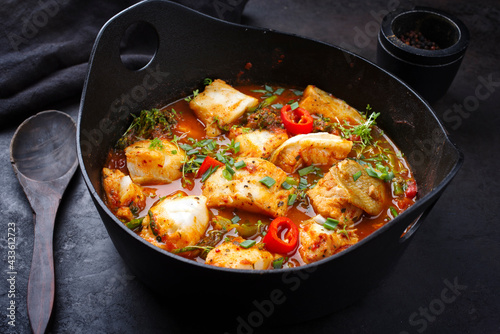 Modern style traditional Spanish seafood zarzuela de pescado with fish served in red sauce as close-up in design pot