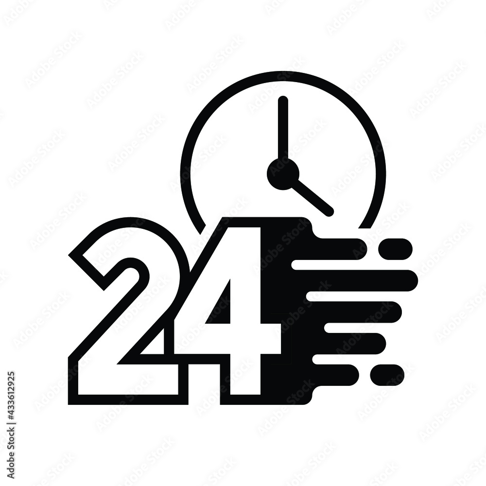 Shipping fast delivery 24h with clock icon, Speed 24 hour cargo express, Pictogram flat design for apps and websites, Isolated on white background, Vector illustration