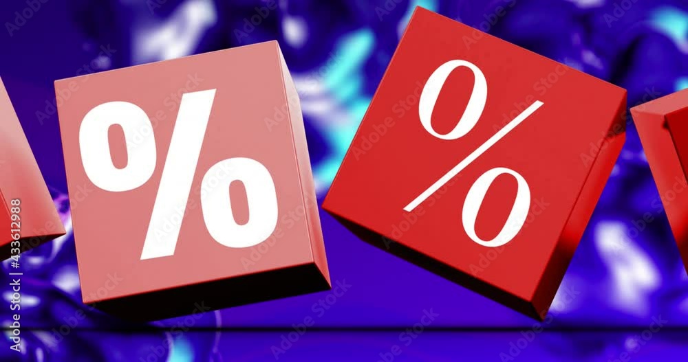 Animation of sales percent symbols on red cubes over purple background Animation of sales percent symbols on red cubes over purple background