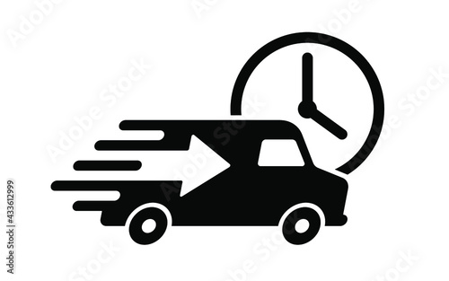 Shipping fast delivery arrow van with clock icon symbol, Pictogram flat design for apps and websites, Isolated on white background, Vector illustration