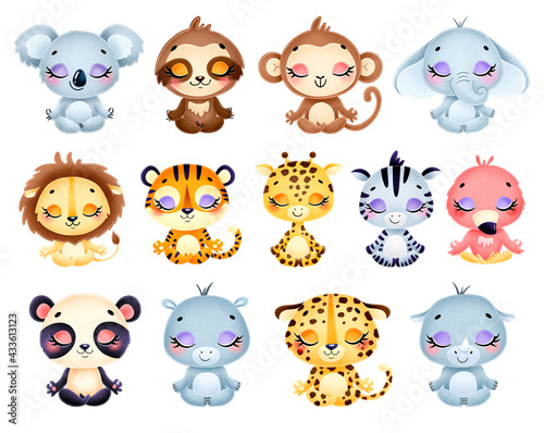 Cute cartoon animals meditate. Tropical jungle animals yoga set.