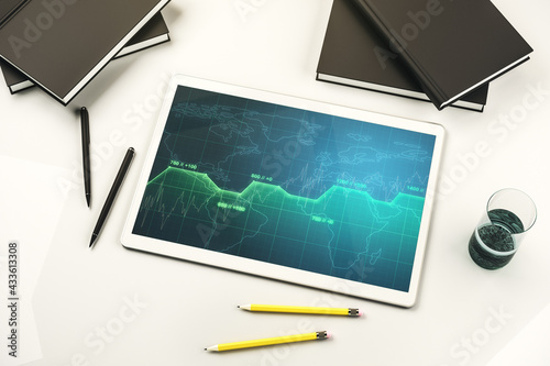 Stats data illustration on modern digital tablet monitor, computing and analytics concept. Top view. 3D Rendering