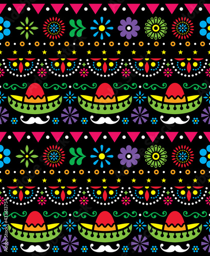 Mexican hat - sombrero and long mustache seamless vector floral pattern - textile, colorful design on black background