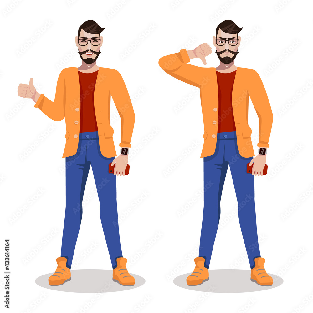 The man shows a gesture of approval and disapproval. Good and bad, like and dislike. The man shows a gesture of approval and disapproval. Good and bad, like and dislike.