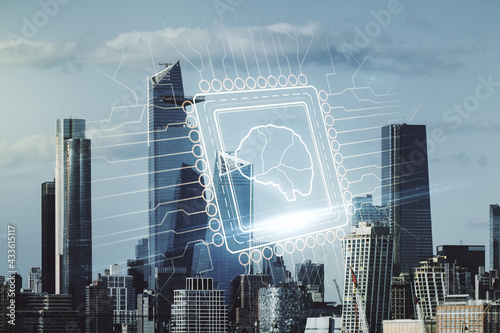 Double exposure of creative artificial Intelligence interface on New York city skyscrapers background. Neural networks and machine learning concept