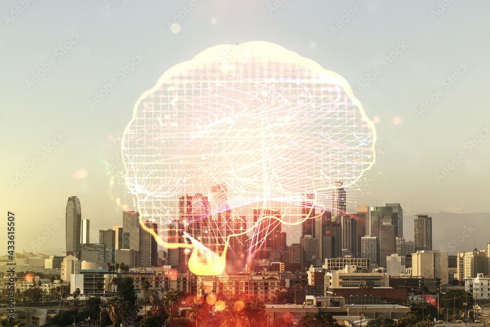 Double exposure of creative artificial Intelligence interface on Los Angeles city skyscrapers background. Neural networks and machine learning concept