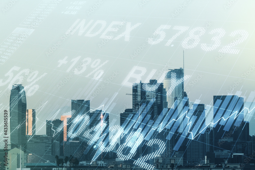 Double exposure of virtual creative financial diagram on Los Angeles office buildings background, banking and accounting concept Double exposure of virtual creative financial diagram on Los Angeles office buildings background, banking and accounting concept