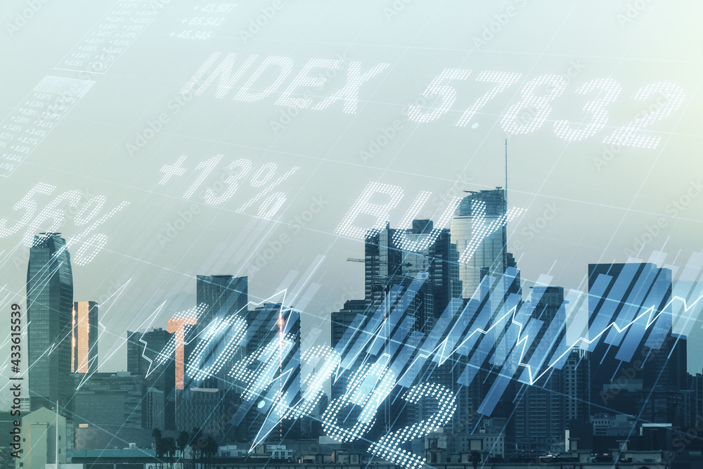 Double exposure of virtual creative financial diagram on Los Angeles office buildings background, banking and accounting concept