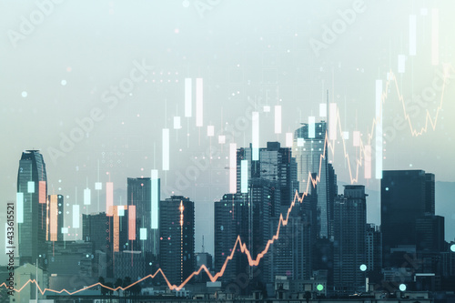 Multi exposure of virtual abstract financial graph interface on Los Angeles cityscape background  financial and trading concept
