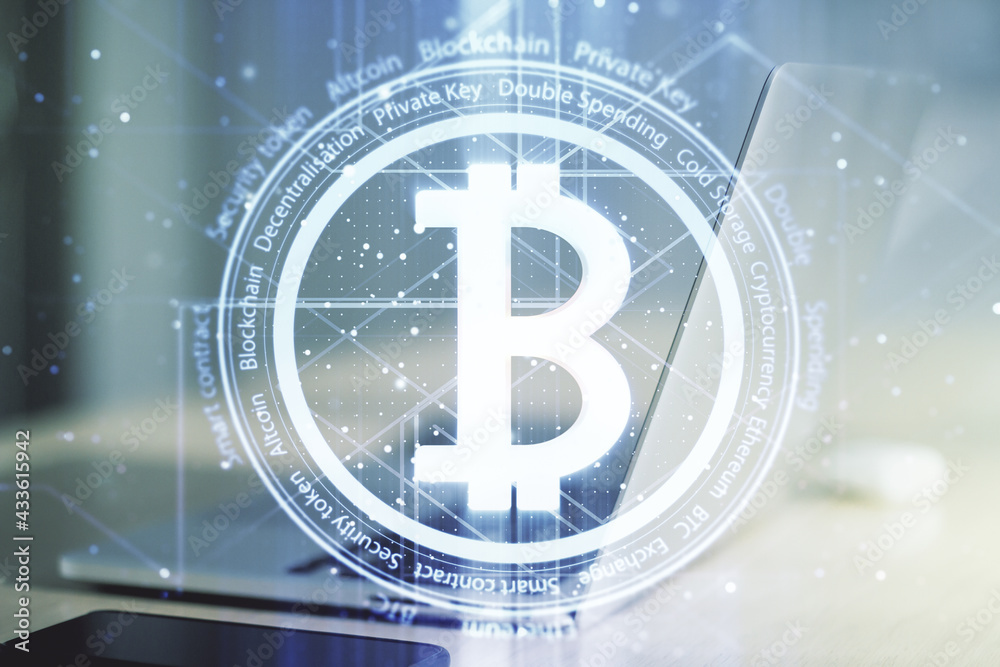 Creative Bitcoin concept with modern computer background. Double exposure