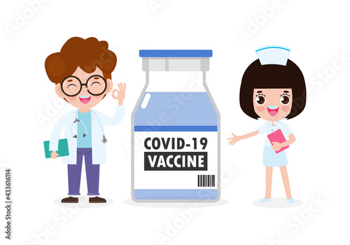 COVID-19 or coronavirus (2019-nCoV) vaccine concept. happy asian Doctors team with Vaccine vial, Medical staff doctor and nurse, group of medics isolated on white background vector illustration