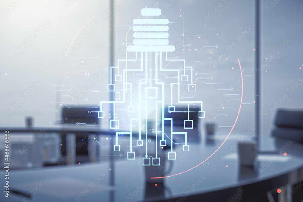 Double exposure of virtual creative light bulb hologram with chip on a modern meeting room background, idea and brainstorming concept Double exposure of virtual creative light bulb hologram with chip on a modern meeting room background, idea and brainstorming concept