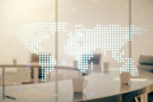 Multi exposure of abstract graphic world map hologram on a modern furnished office interior background, connection and communication concept