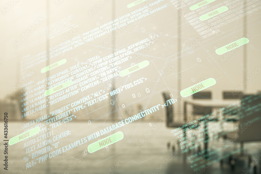 Fototapeta premium Multi exposure of abstract creative coding sketch on a modern conference room background, artificial intelligence and neural networks concept