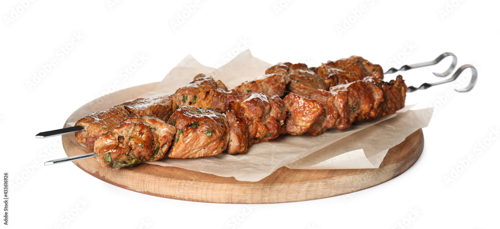 Metal skewers with delicious meat on white background - obrazy, fototapety, plakaty 
