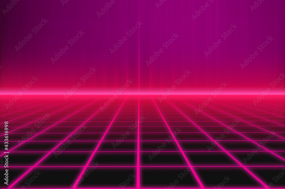 1980's inspired retro neon light grid in pink and violet tones as a background template for a computer porter, retro game environment, virtual reality concept