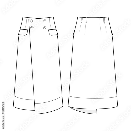 Εκτύπωση καμβά Fashion technical drawing of the asymmetrical wrap skirt