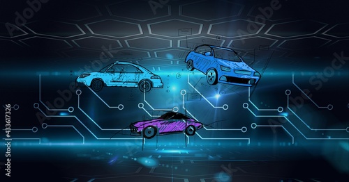 Composition of digital hexagons and circuit board over cars drawing