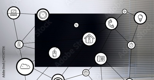 Composition of network of connections with icons over computer monitor