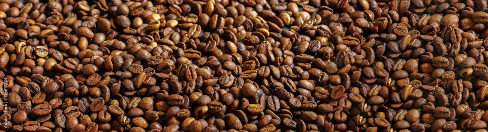 Horizontal banner with coffee beans. Top view. Copy space. Coffee beans background Horizontal banner with coffee beans. Top view. Copy space. Coffee beans background