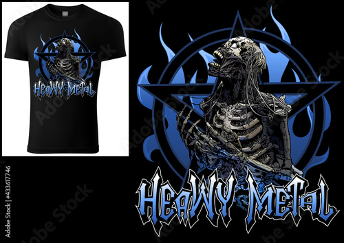 T-shirt Design Heavy Metal with Scary Skeleton and Pentagram and Blue Flames Background - Colored Illustration isolated on Black, Vector