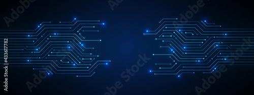 Abstract Technology Background, blue circuit board pattern with electric light, microchip, power line, blank space photo