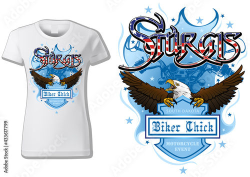 T-shirt Design Sturgis with Bald Eagle and Blue Coat of Arm and Blue Motorcycle Drawing - Colored Illustration Isolated on White Background, Vector photo
